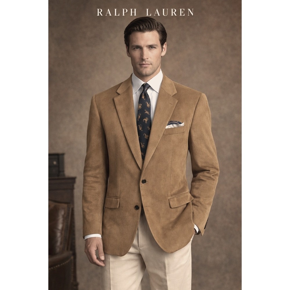 Lauren Ralph Lauren Men's 48R Faux Suede Blazer Jacket Tan Paisley Liner Luxury‎